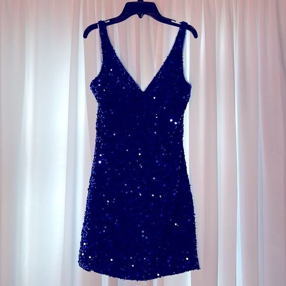 Formal Blue Sequined V-Neck Sleeveless Bodycon Mini Dress